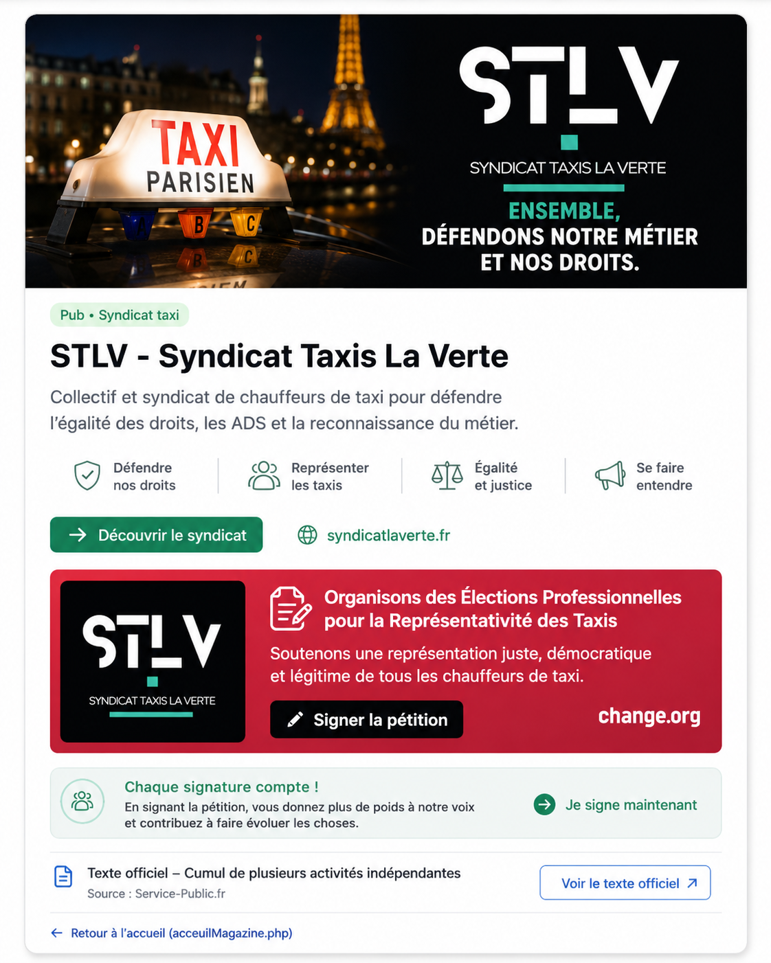 Pétition Syndicat Taxis La Verte - Élections professionnelles taxis